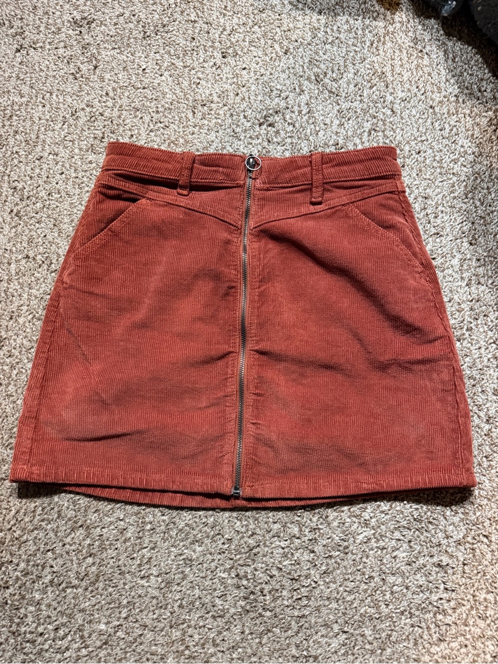 SO Rust-Red Corduroy Front-Zip Mini Skirt